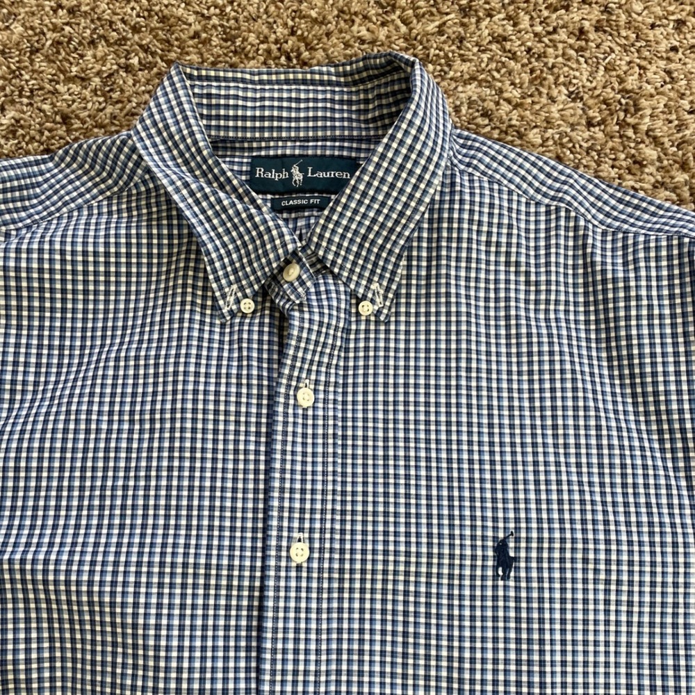 Ralph Lauren Mens Classic Fit Gingham Button Down Shirt Blue Size 17.5 34/35 - Picture 6 of 12